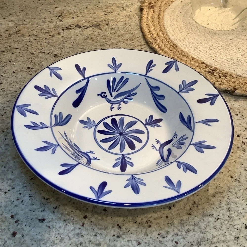 [Two] Evandale Blue and White Bird Print Stoneware Bowl Set of 2